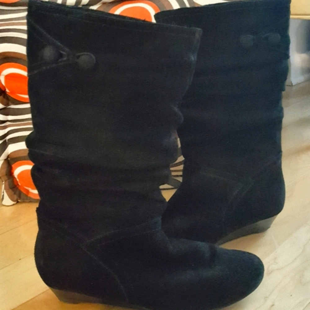 Suede Wedge Boots - Calf Height, Slouchy - 6M - Barely Worn!